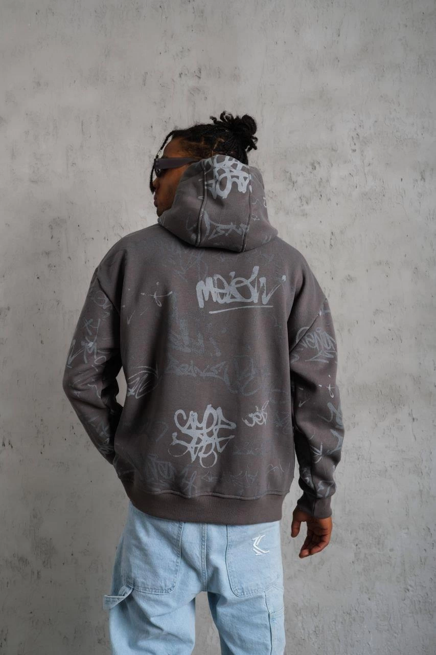 Erkek 3 İplik Pamuklu Kapüşonlu Kanguru Cepli Sweatshirt Hoodie - Gri