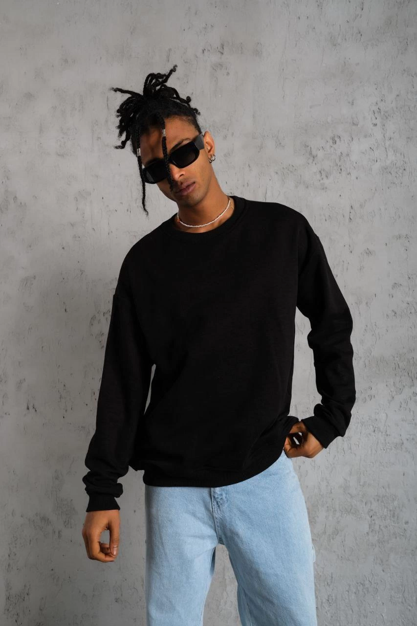 Erkek Bisiklet Yaka Baskılı 3 İplik Pamuklu Sweatshirt - Siyah