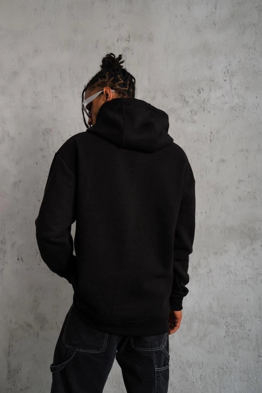 Erkek 3 İplik Pamuklu Kapüşonlu Kanguru Cepli Sweatshirt Hoodie - Siyah