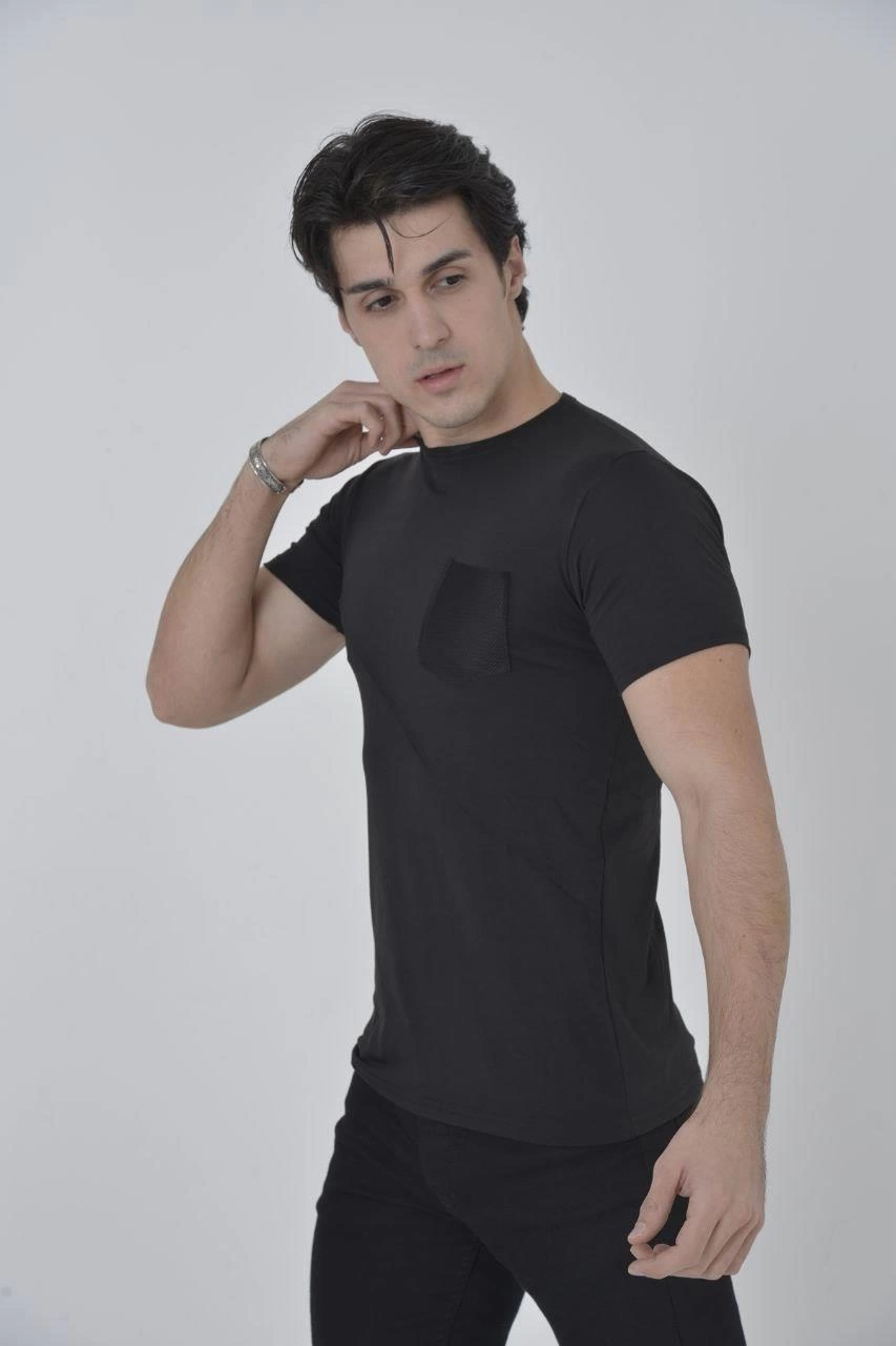 Erkek File Çepli T-Shirt Kısa Kol Bisiklet Yaka Slimfit Tişört - Siyah