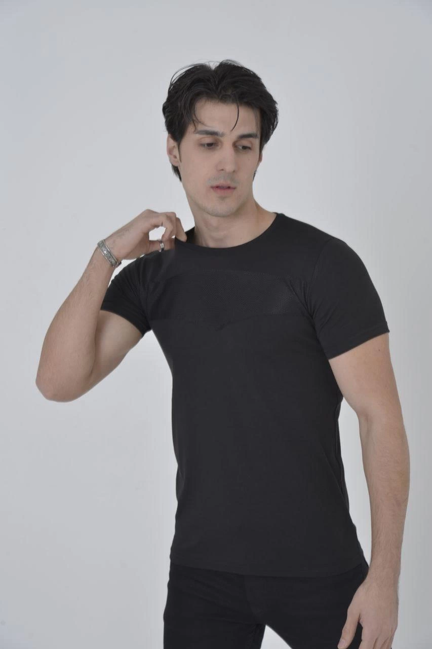 Erkek Gögüs Fileli T-Shirt Kısa Kol Bisiklet Yaka Slimfit Tişört - Siyah