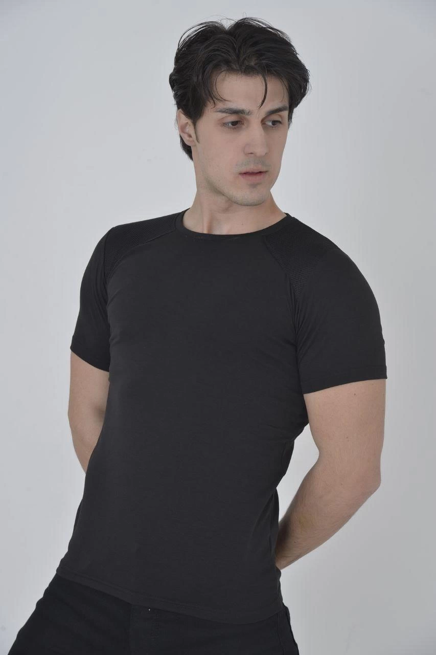 Erkek Omuz Fileli T-Shirt Kısa Kol Bisiklet Yaka Slimfit Tişört - Siyah