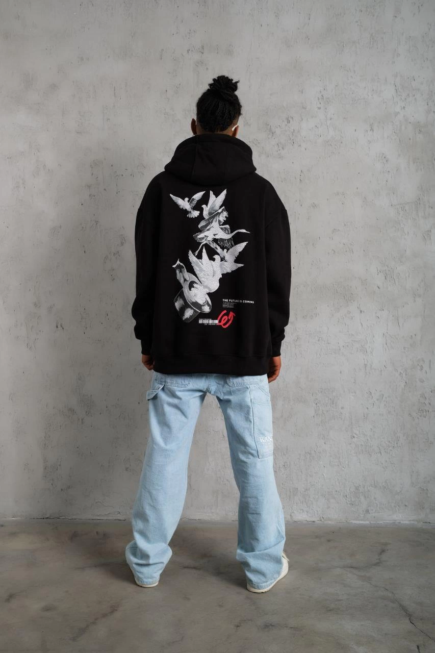 Erkek 3 İplik Pamuklu Kapüşonlu Baskılı Cepli Oversize Sweatshirt Hoodie - Siyah