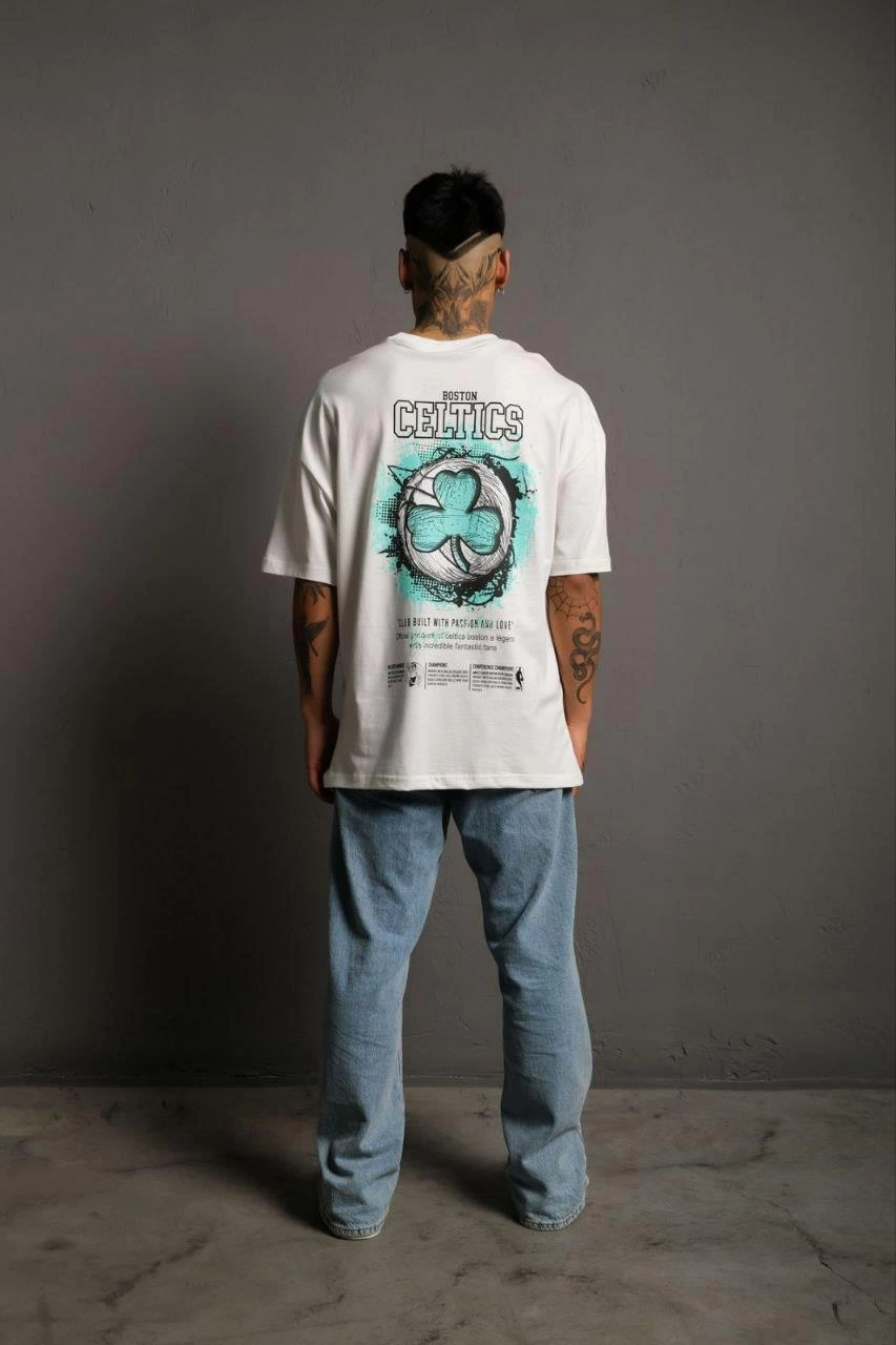 Erkek Kısa Kol Yazlık Tişört Bisiklet Yaka Baskılı Oversize T-Shirt - Beyaz