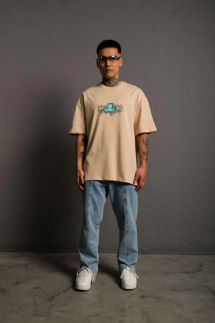 Erkek Kısa Kol Yazlık Tişört Bisiklet Yaka Baskılı Oversize T-Shirt - Bej