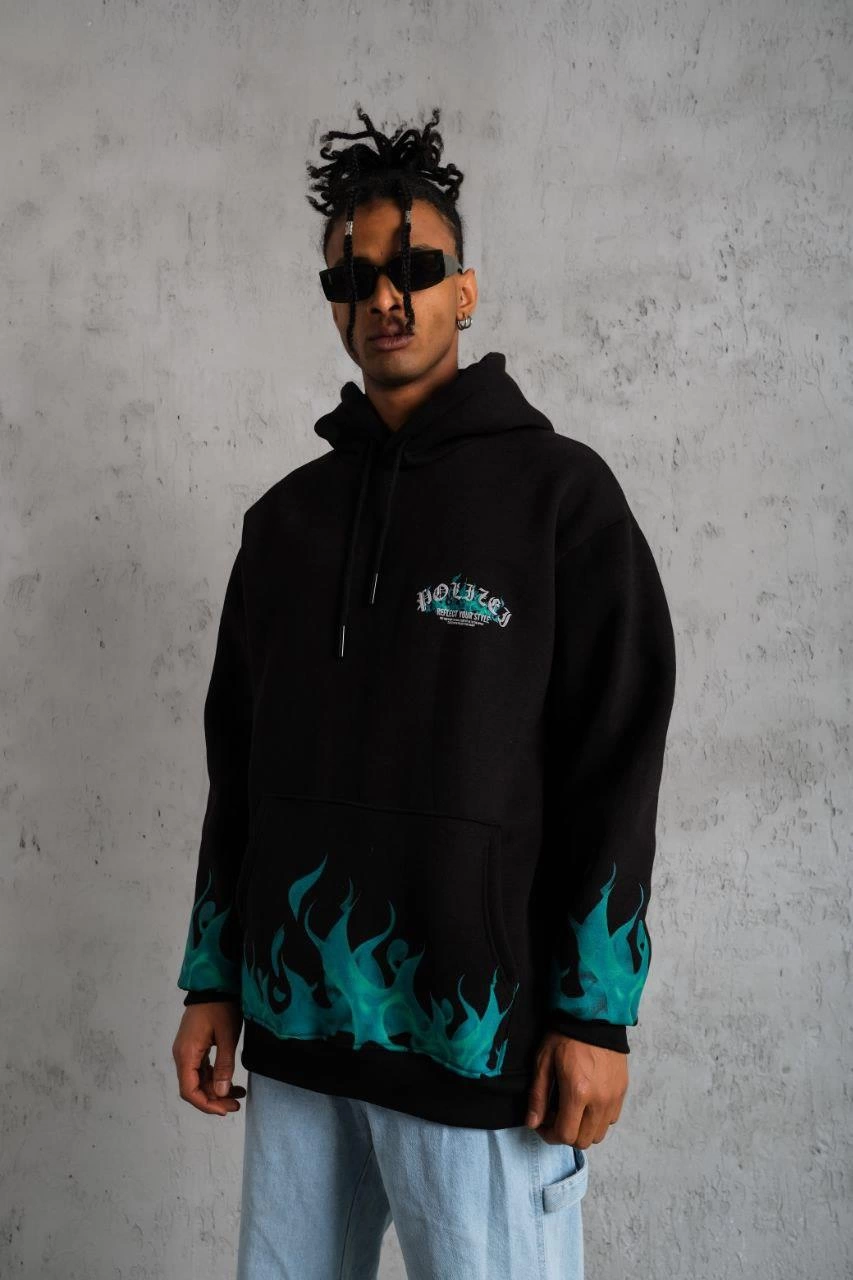 Erkek 3 İplik Pamuklu Alev Baskılı Kapüşonlu hoodie Sweatshirt - Siyah