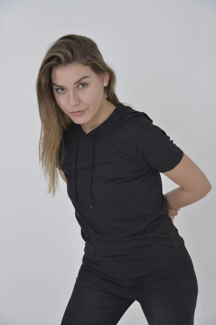 Kadın Kapüşonlu T-Shirt Kısa Kol Bisiklet Yaka Slimfit Tişört - Siyah