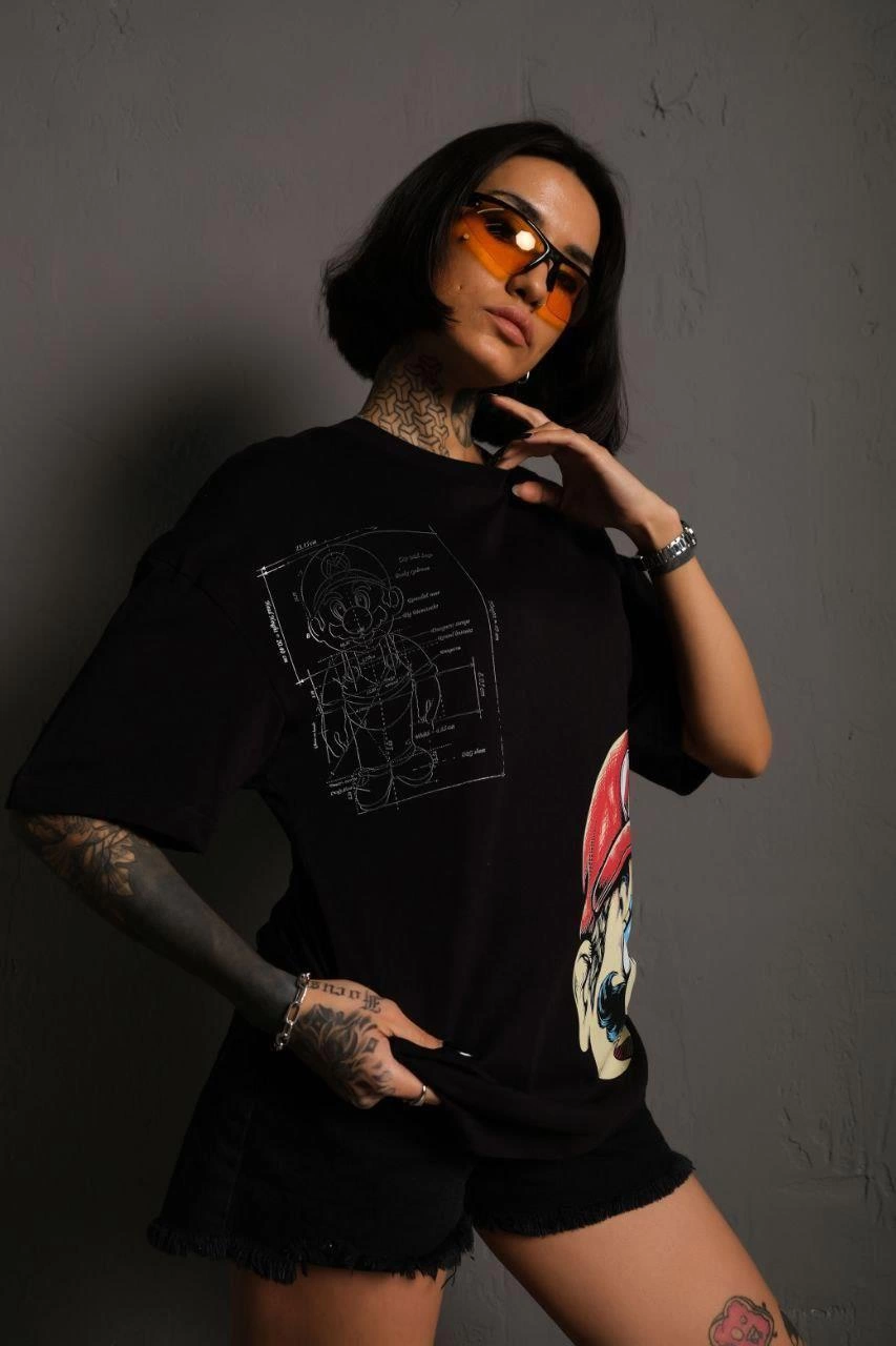 Kadın Mario Baskılı T-Shirt Oversize Kısa kol Bisiklet yaka tişort - Siyah