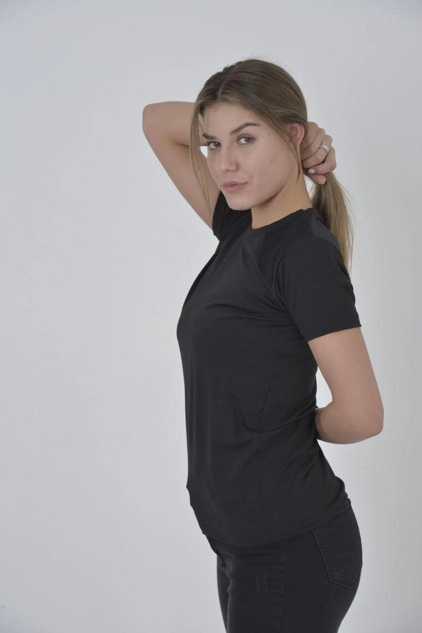 Kadın Omuz Fileli T-Shirt Kısa Kol Bisiklet Yaka Slimfit Tişört - Siyah