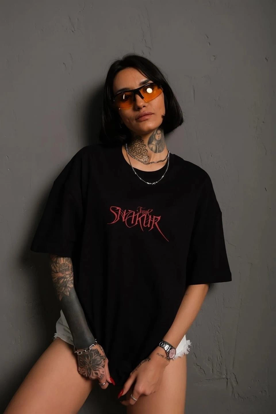 Kadın Baskılı T-Shirt Oversize Kısa kol Bisiklet yaka tişort- Siyah