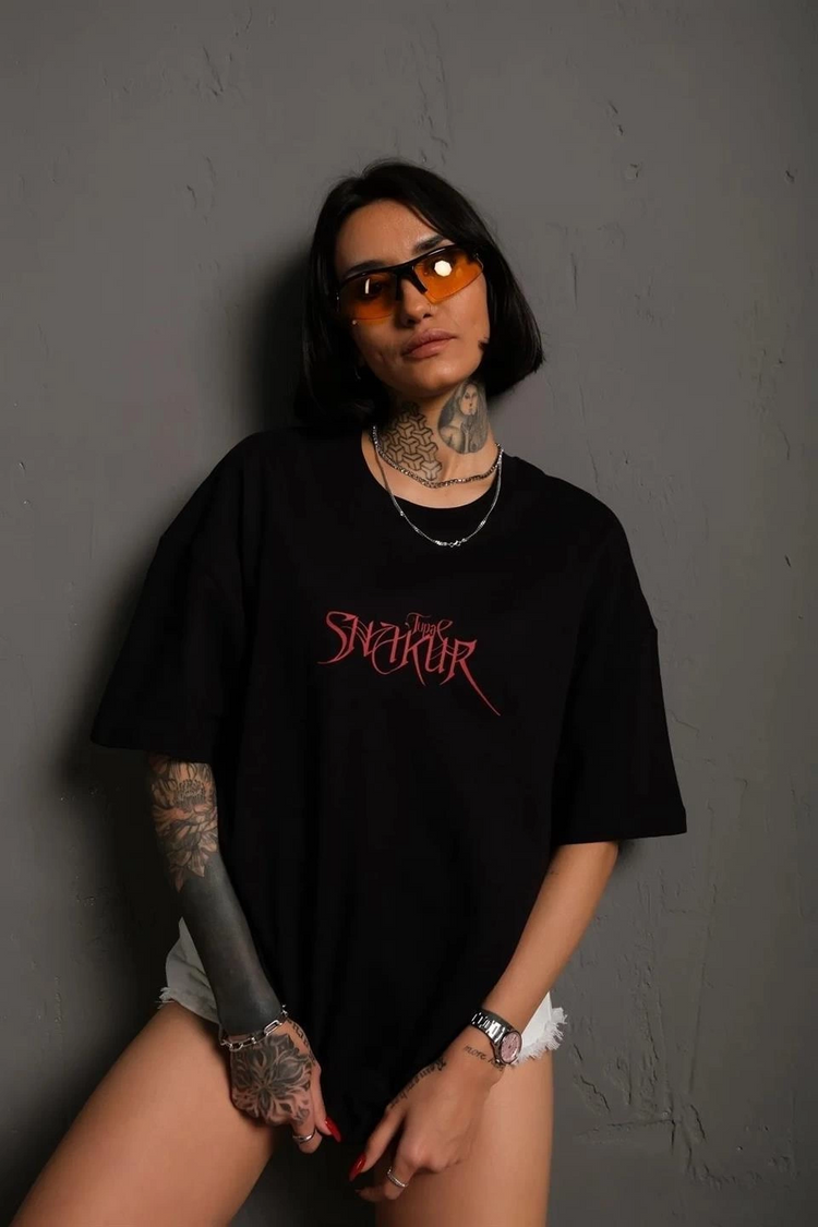 Kadın Baskılı T-Shirt Oversize Kısa kol Bisiklet yaka tişort- Siyah