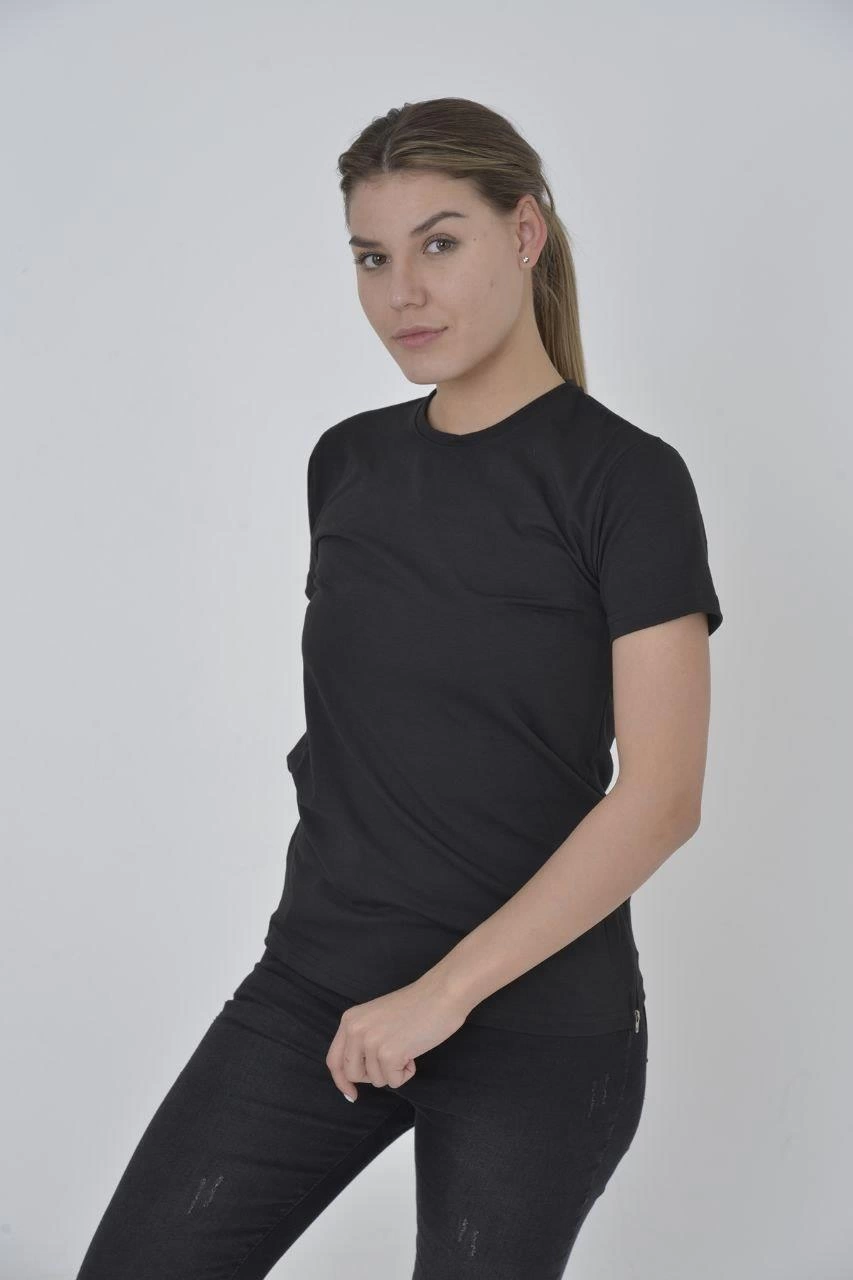 Kadın Yanlardan Fermuarlı T-Shirt Kısa Kol Bisiklet Yaka Slimfit Tişört - Siyah