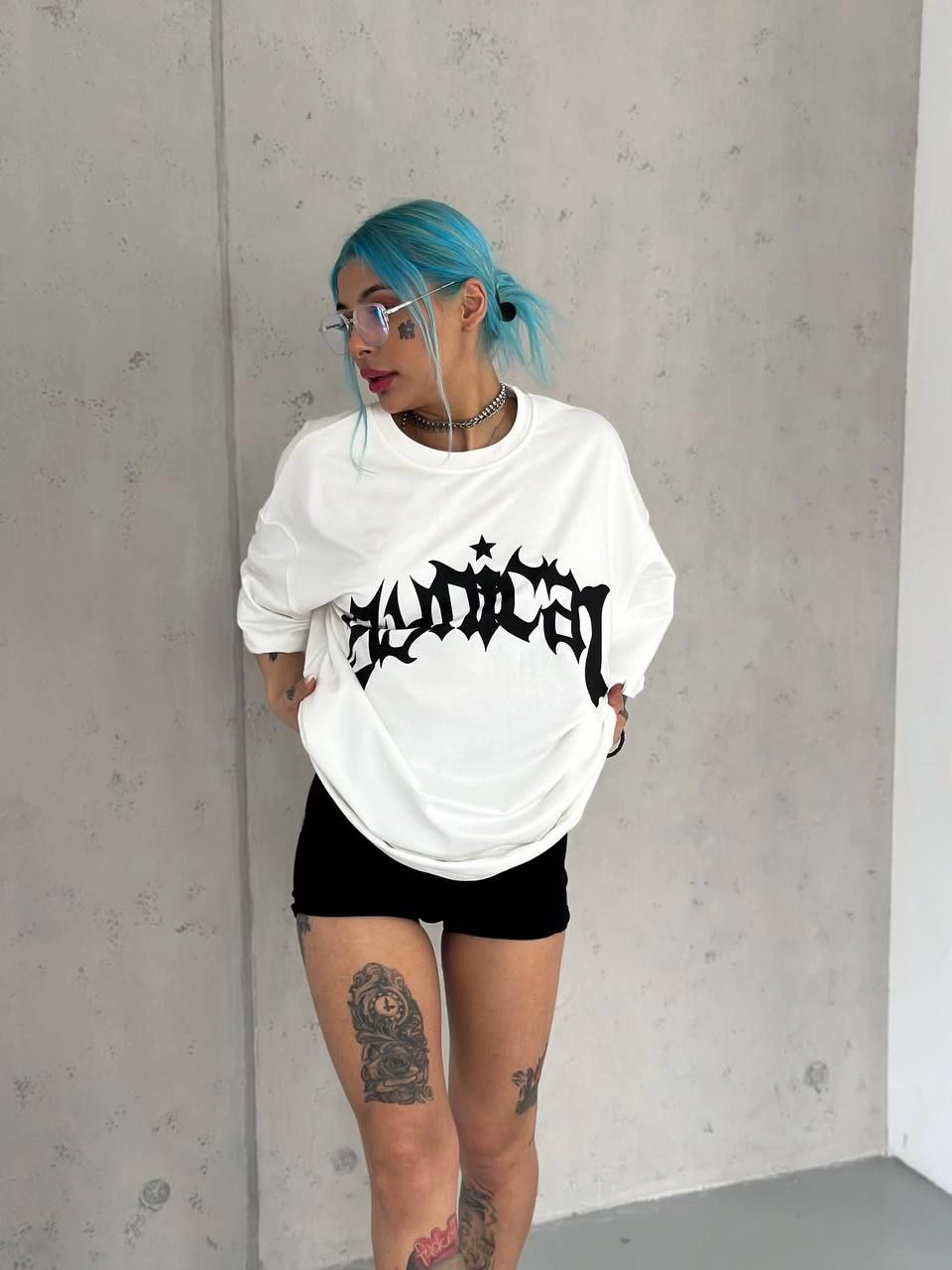 kadın Bisiklet Yaka Baskılı Oversize Kısa kol T-Shirt - Beyaz