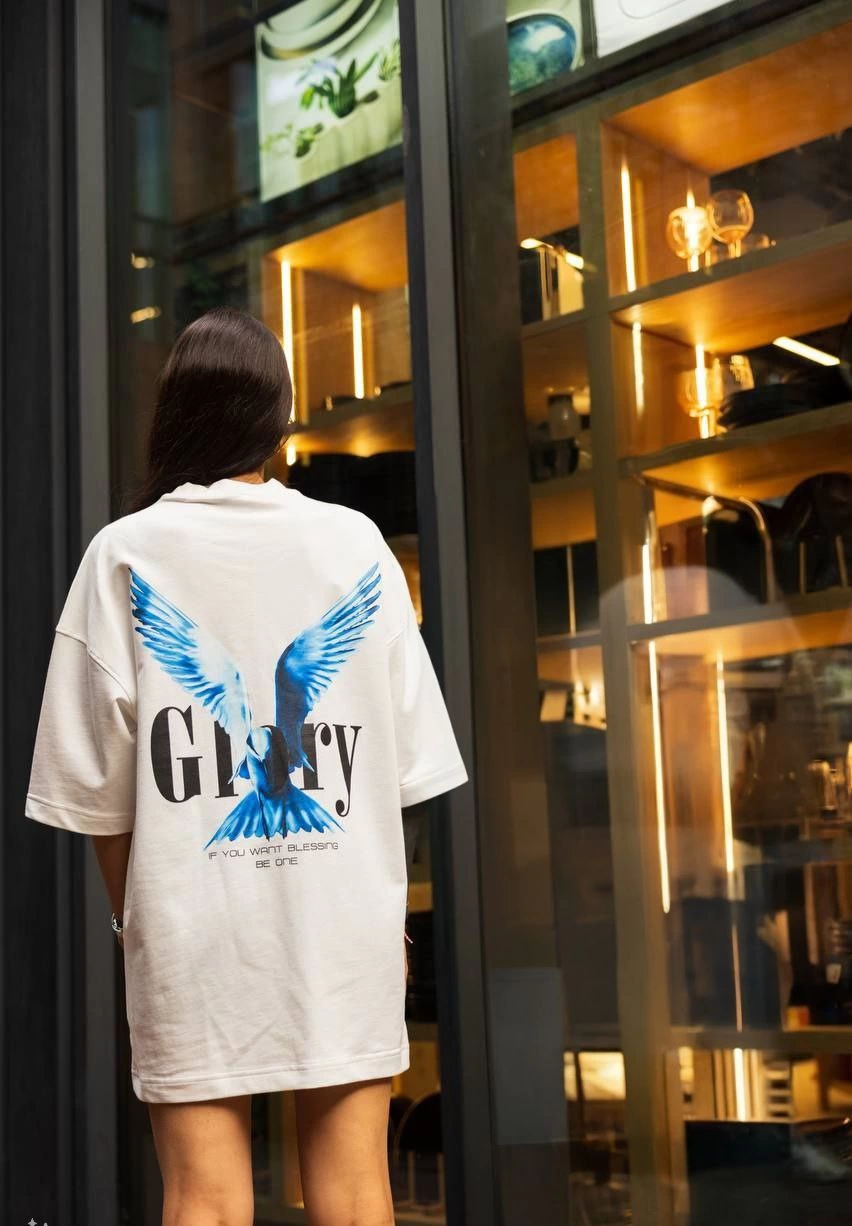 kadın Bisiklet Yaka Baskılı Oversize Kısa kol T-Shirt - Beyaz