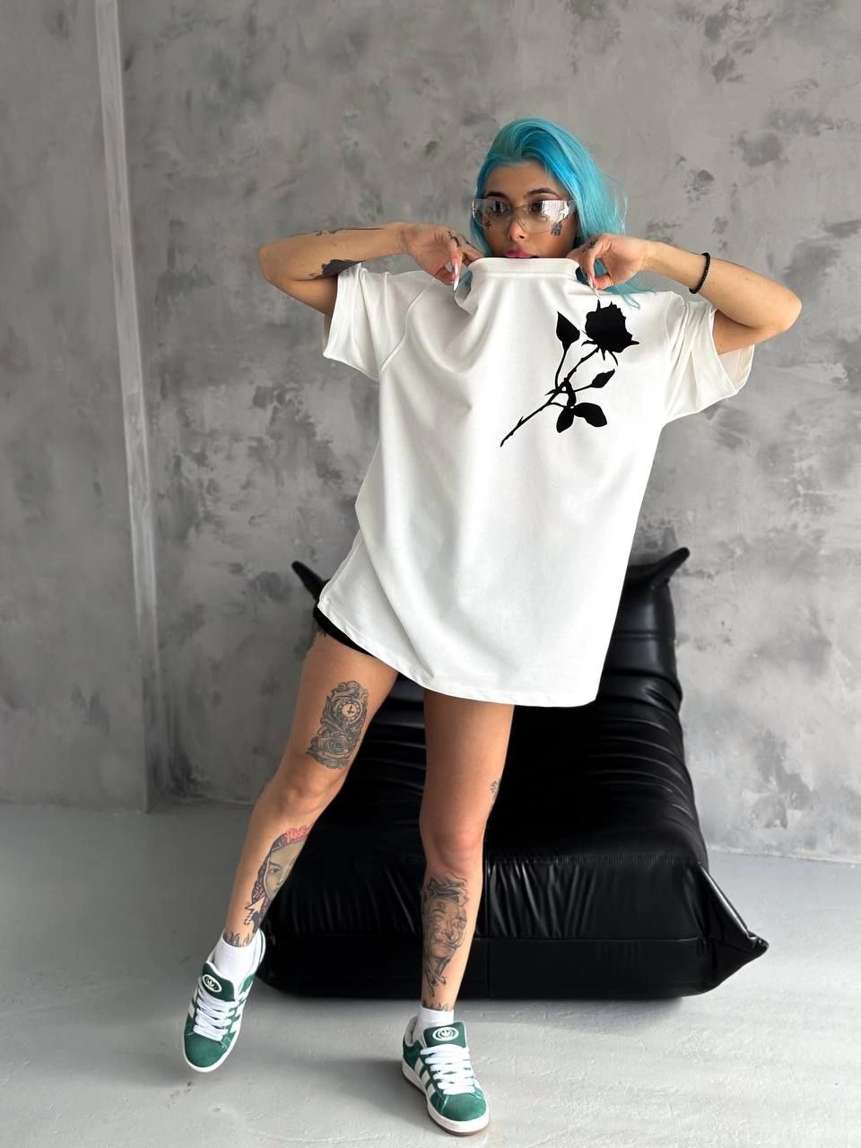 kadın Bisiklet Yaka Baskılı Oversize Kısa kol T-Shirt - Beyaz