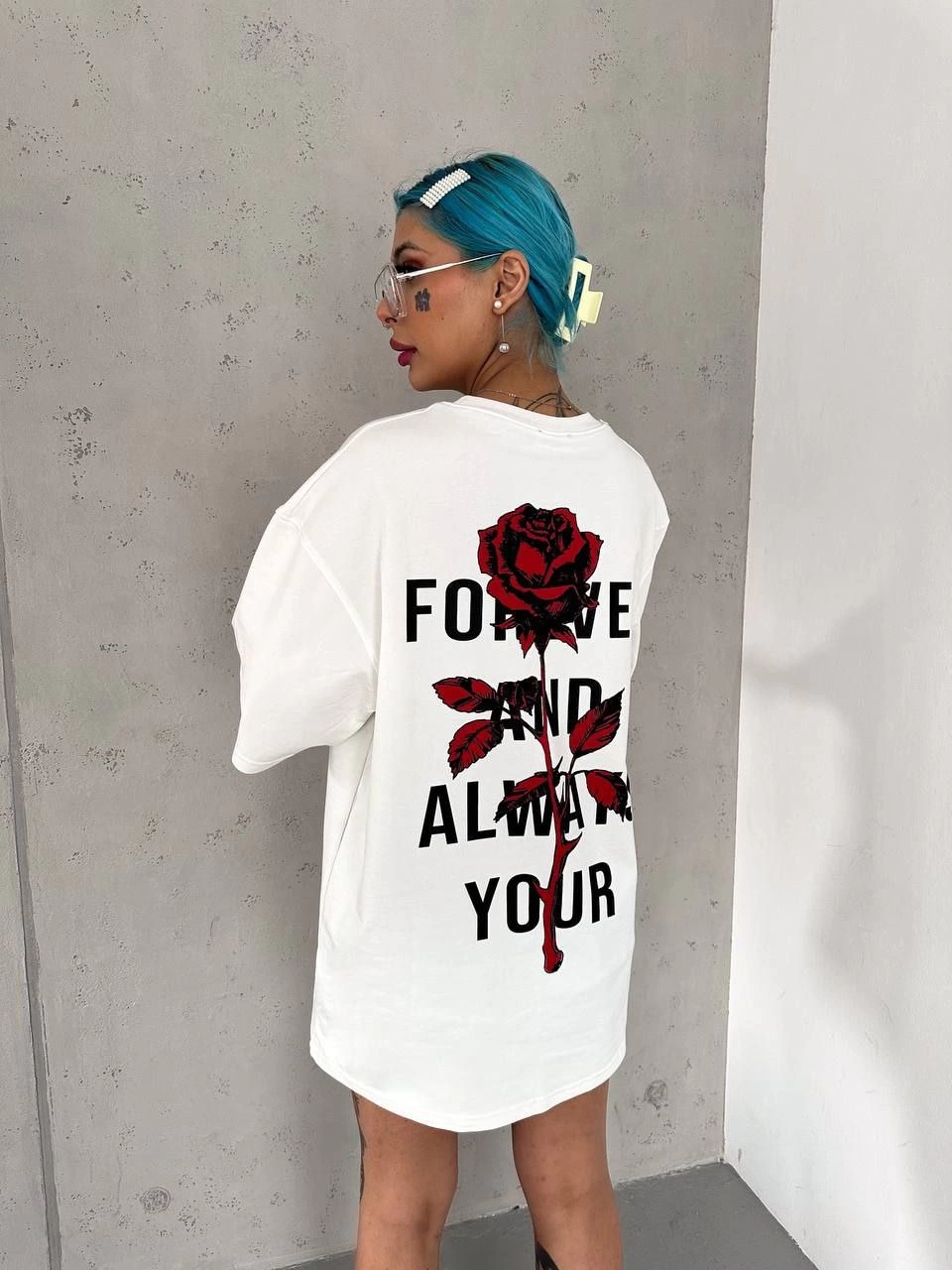 kadın Bisiklet Yaka Baskılı Oversize Kısa kol T-Shirt - Beyaz