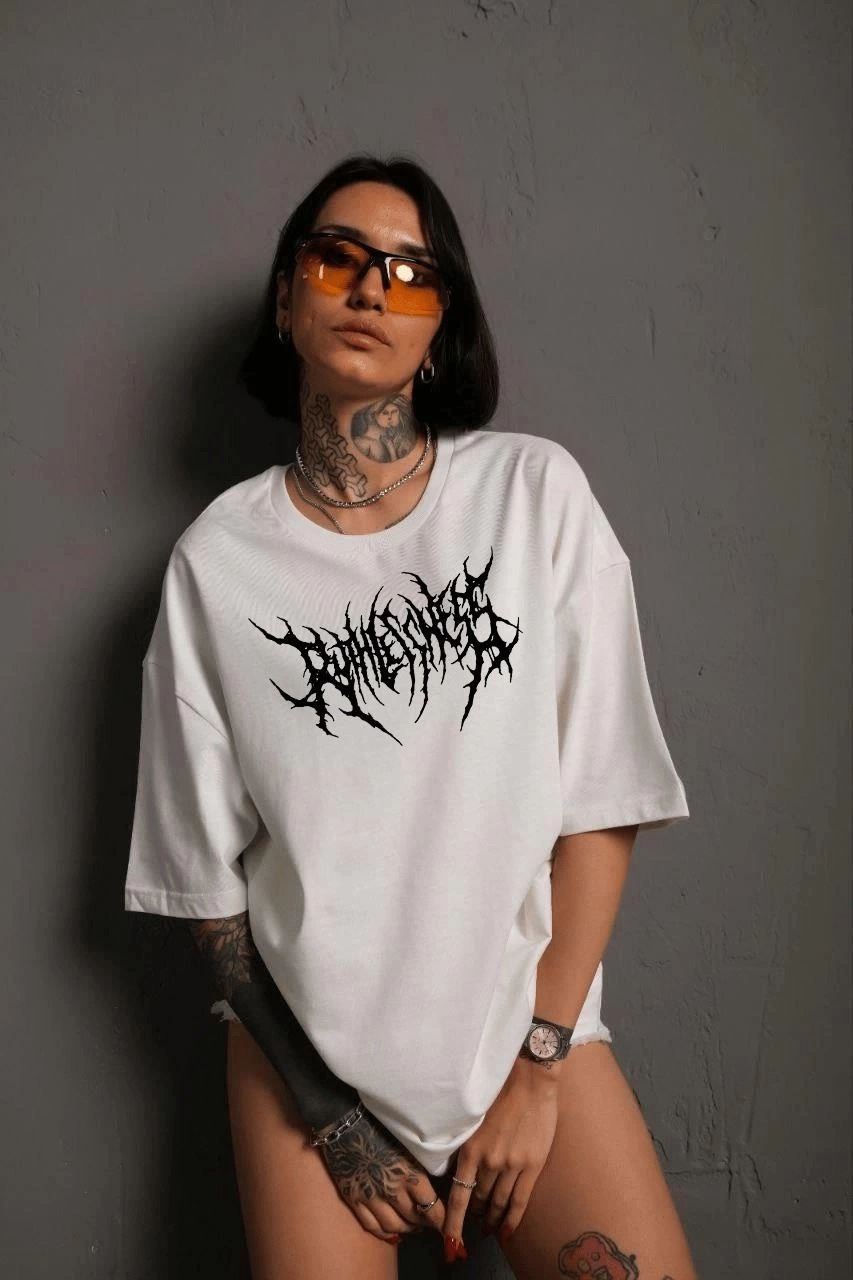 Kadın Baskılı T-Shirt Kısa Kol Bisiklet Yaka Oversize Rahat Kalıp Günlük Tişört - Beyaz