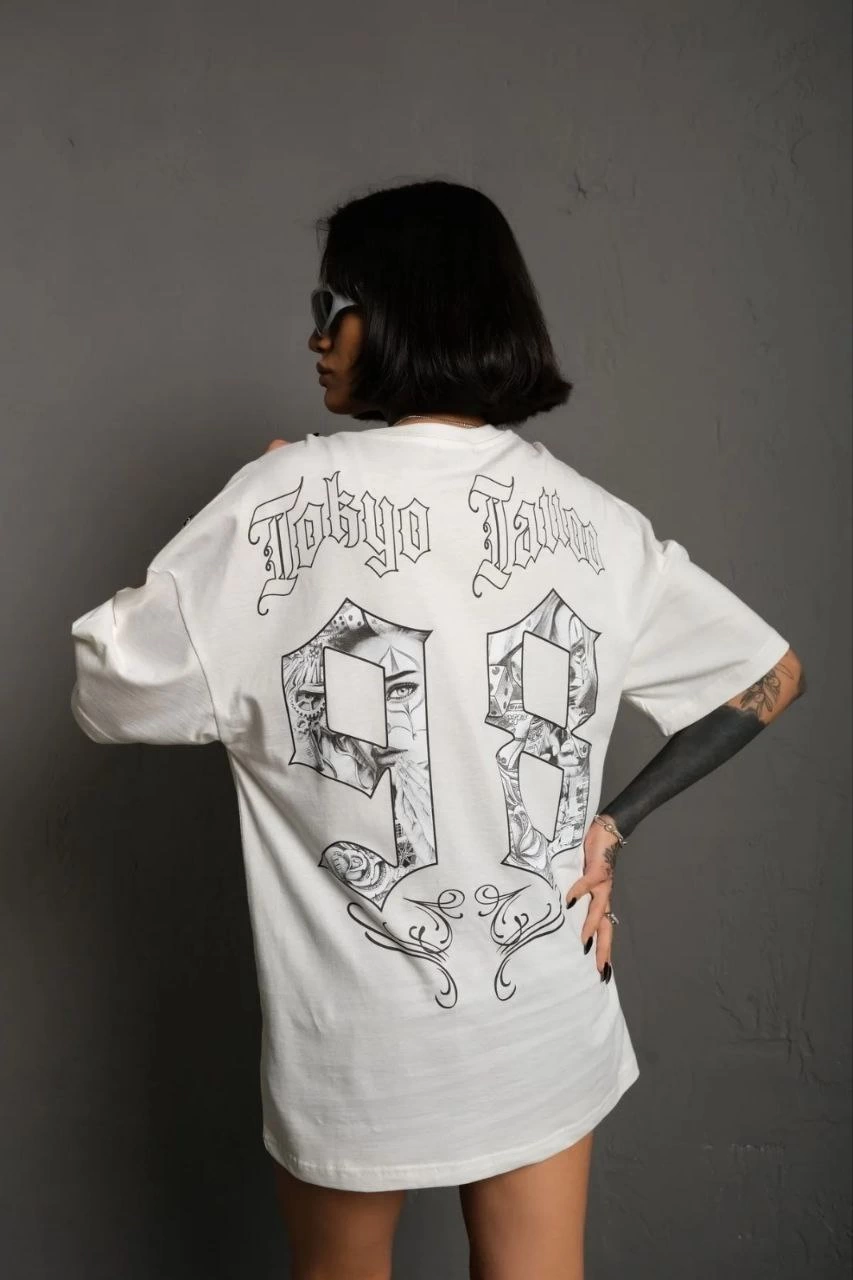 kadın Bisiklet Yaka Baskılı Oversize Kısa kol T-Shirt - Beyaz