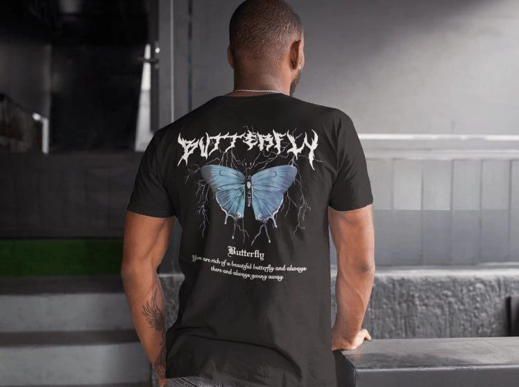 Erkek Tişort Bisiklet Yaka Kelebek Baskılı Kısa kol T-Shirt - Siyah