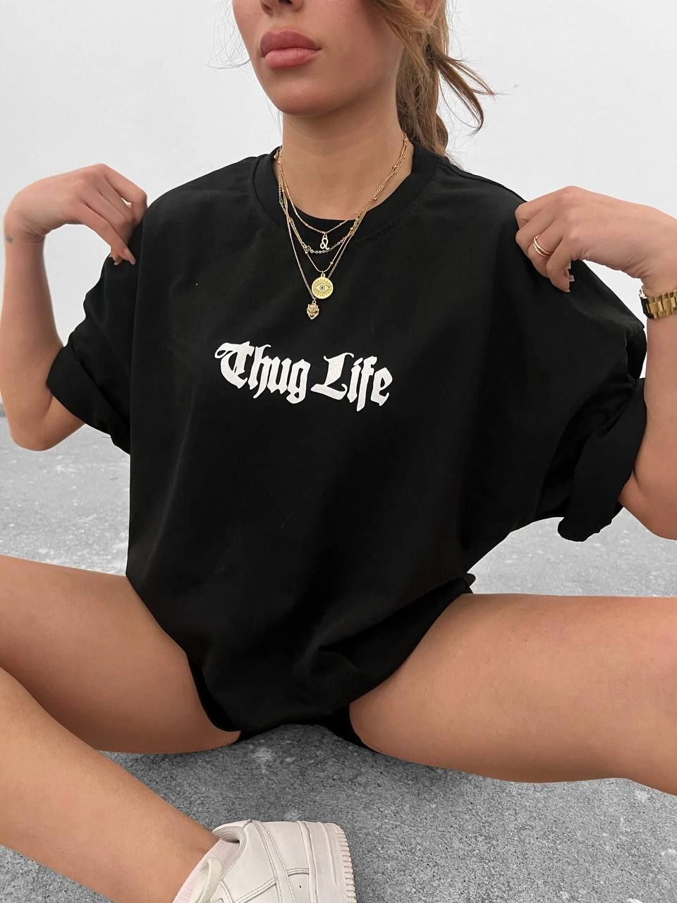 Kadın Bisiklet Yaka Baskılı Oversize Kısa kol T-Shirt - Siyah