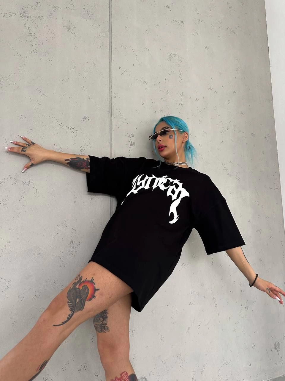 kadın Bisiklet Yaka Baskılı Oversize Kısa kol T-Shirt - Siyah