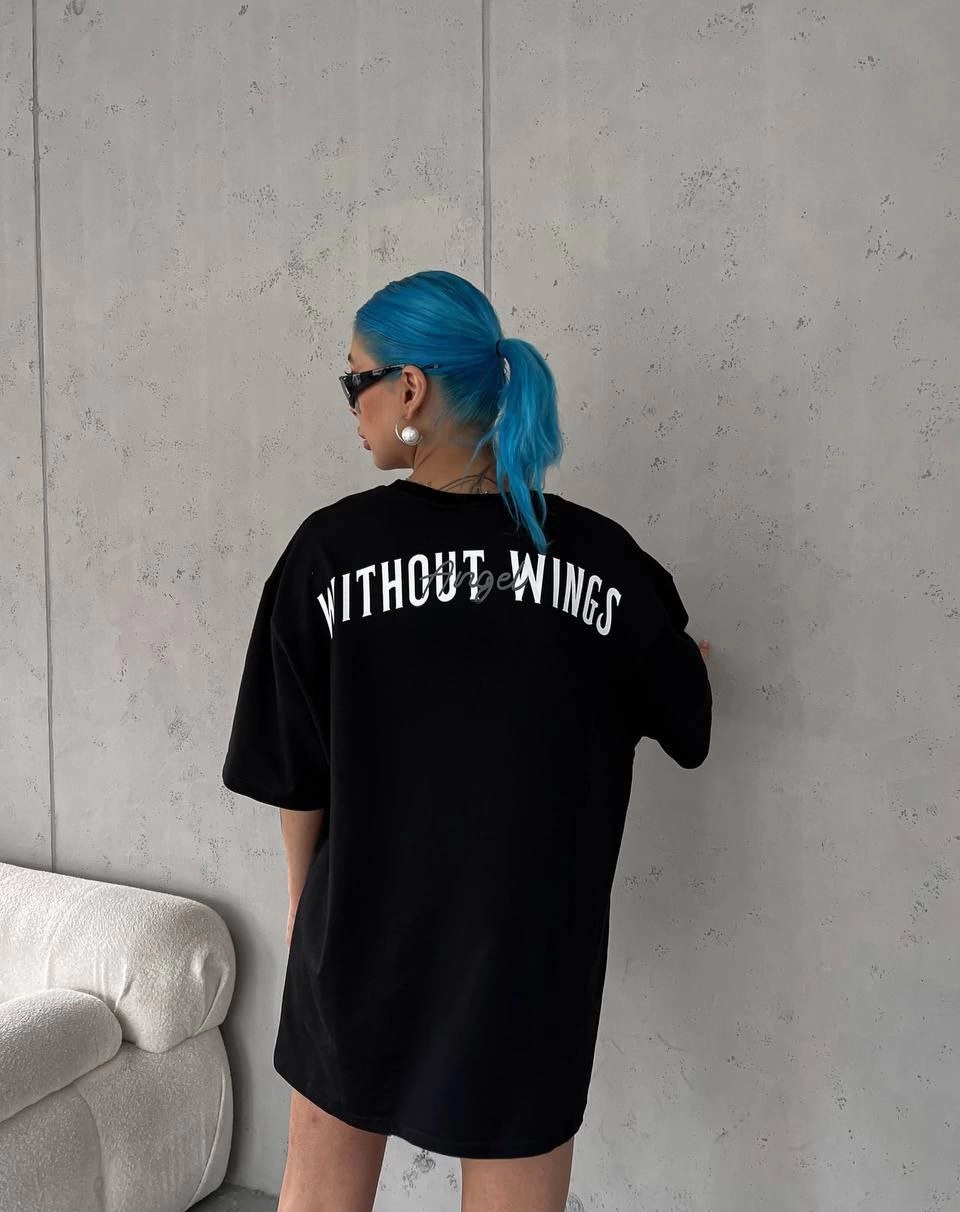 Kadın Kısa Kol Yazlık Tişört Bisiklet Yaka Baskılı Oversize T-Shirt - Siyah
