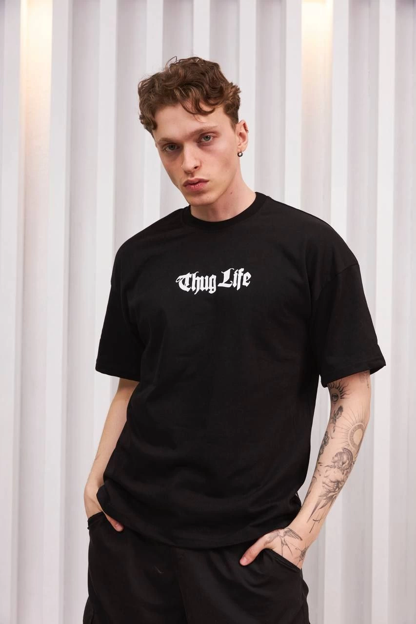 Erkek Bisiklet Yaka Baskılı Kısa kol Oversize T-Shirt - Siyah