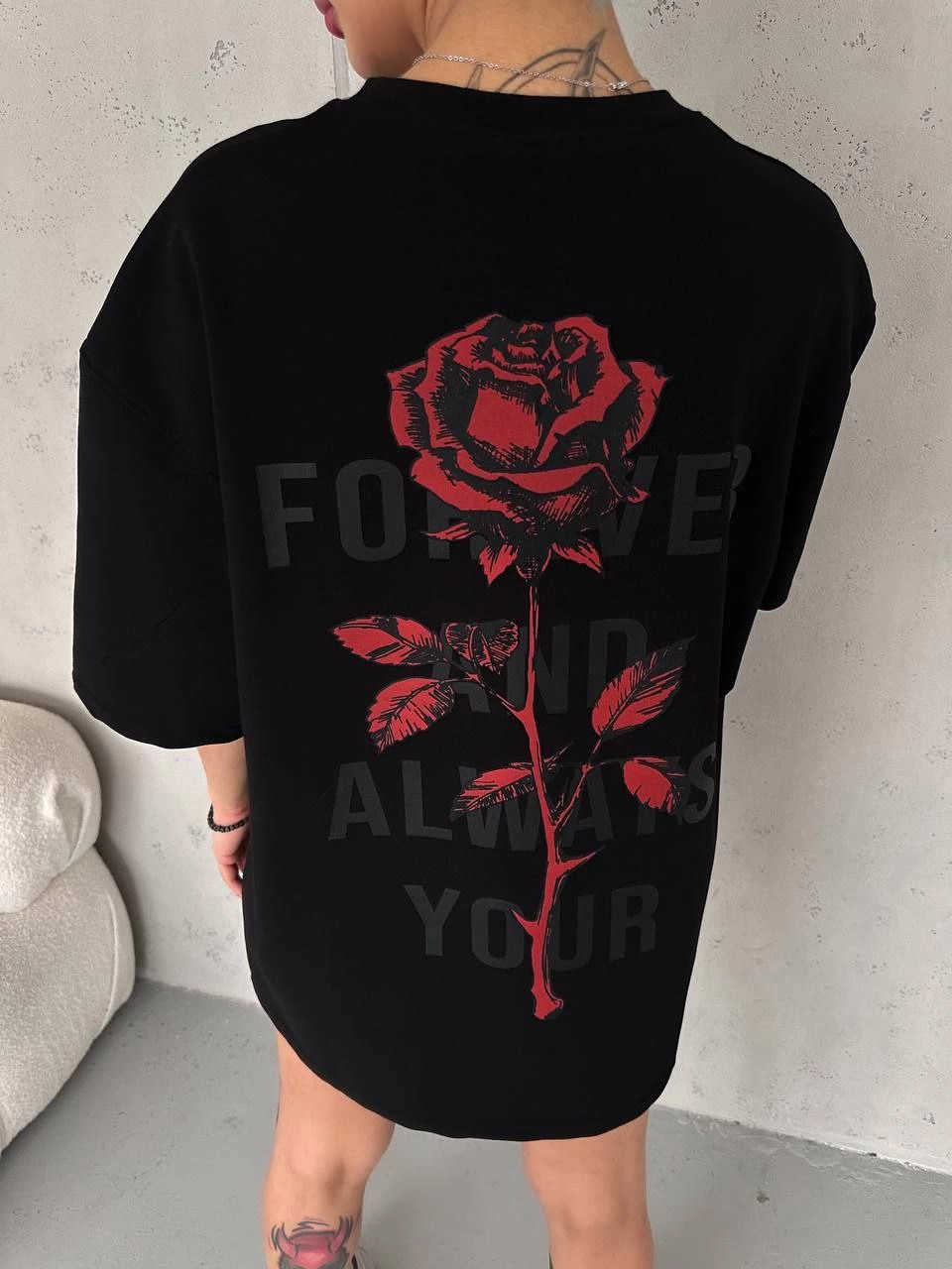 kadın Bisiklet Yaka Baskılı Oversize Kısa kol T-Shirt - Siyah