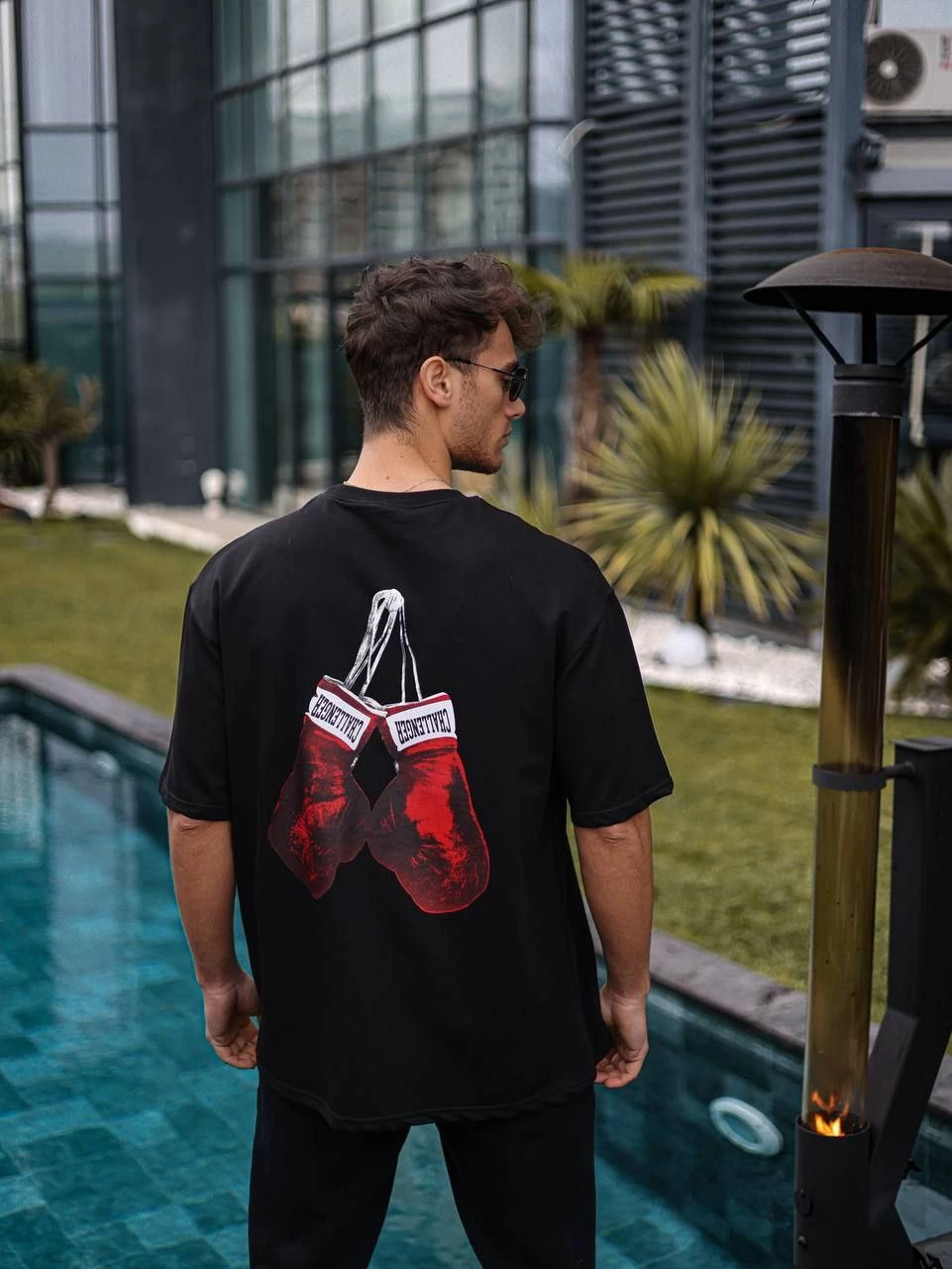 Erkek Kısa Kol Tişört Bisiklet Yaka Box Eldiven Baskılı T-Shirt - Siyah