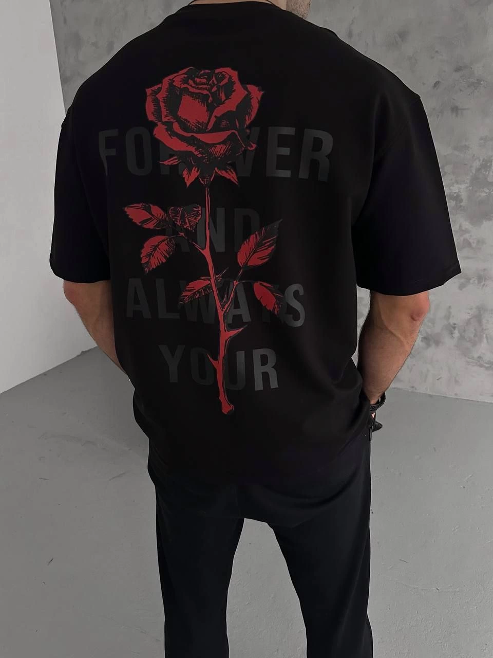 Erkek Bisiklet Yaka Baskılı Oversize Kısa kol T-Shirt - Siyah
