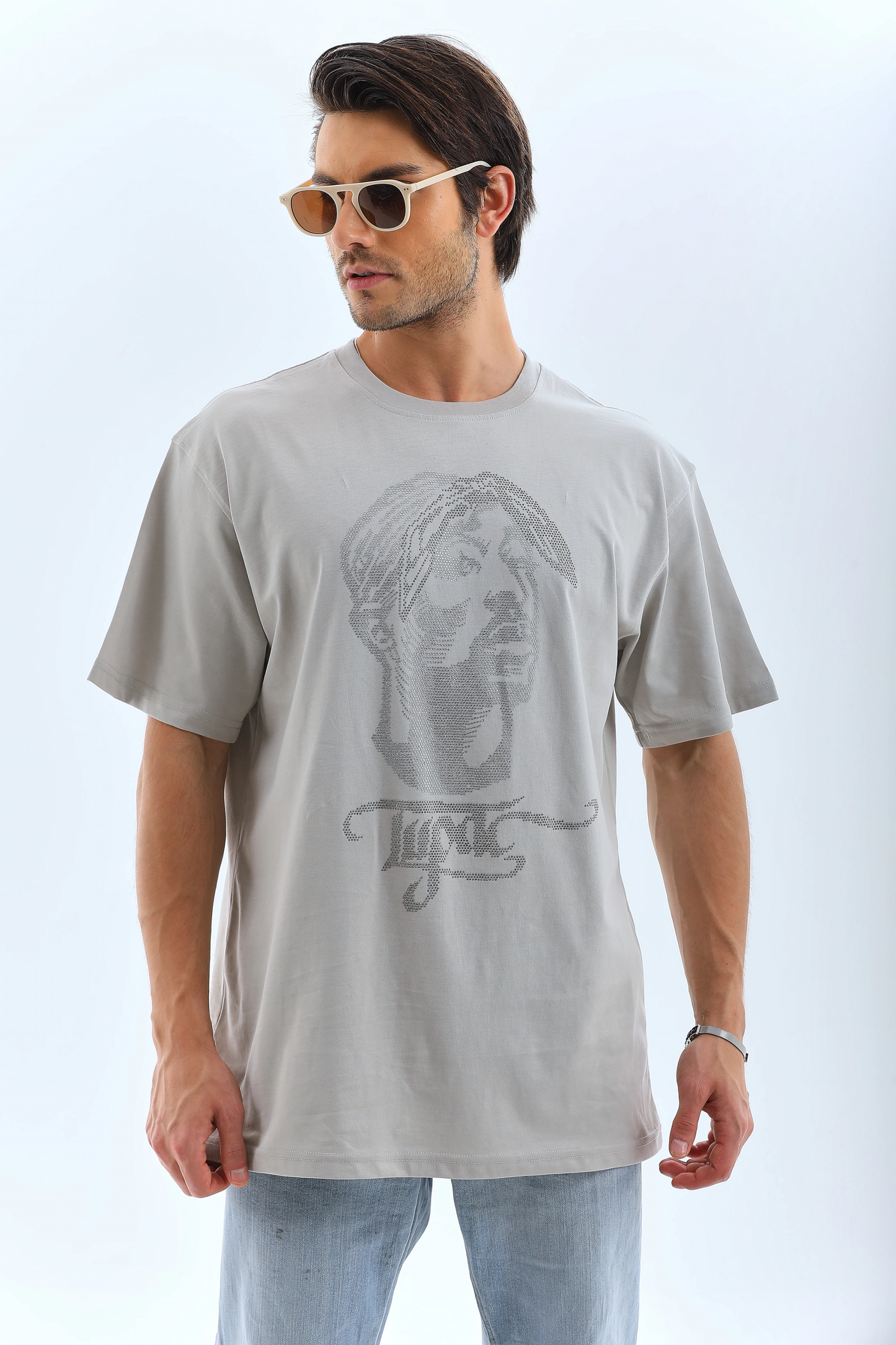 ERKEK Tişört TAŞ Detaylı Bisiklet Yaka Kısa kol T-Shirt - Gri