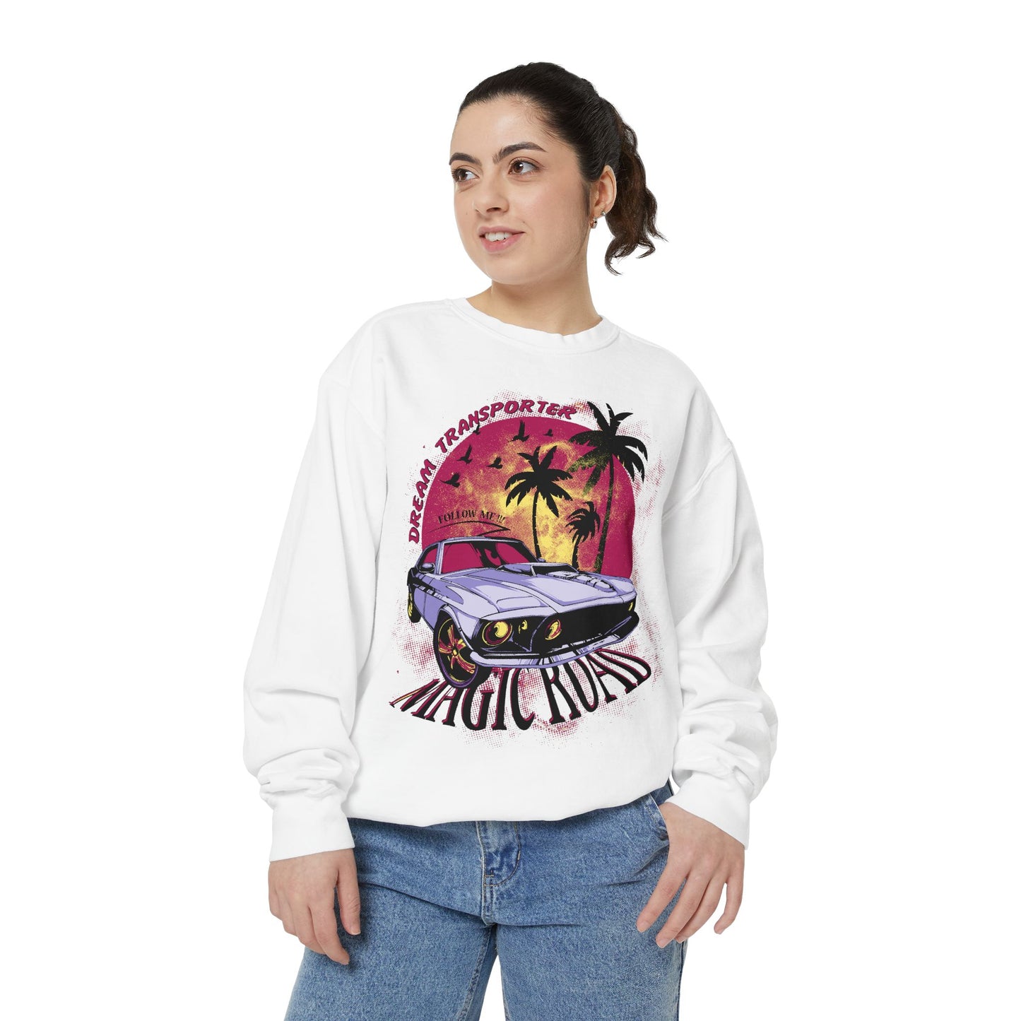 Retro Beach Car Sweatshirt — "Magic Tours" Sunset Palm Crewneck