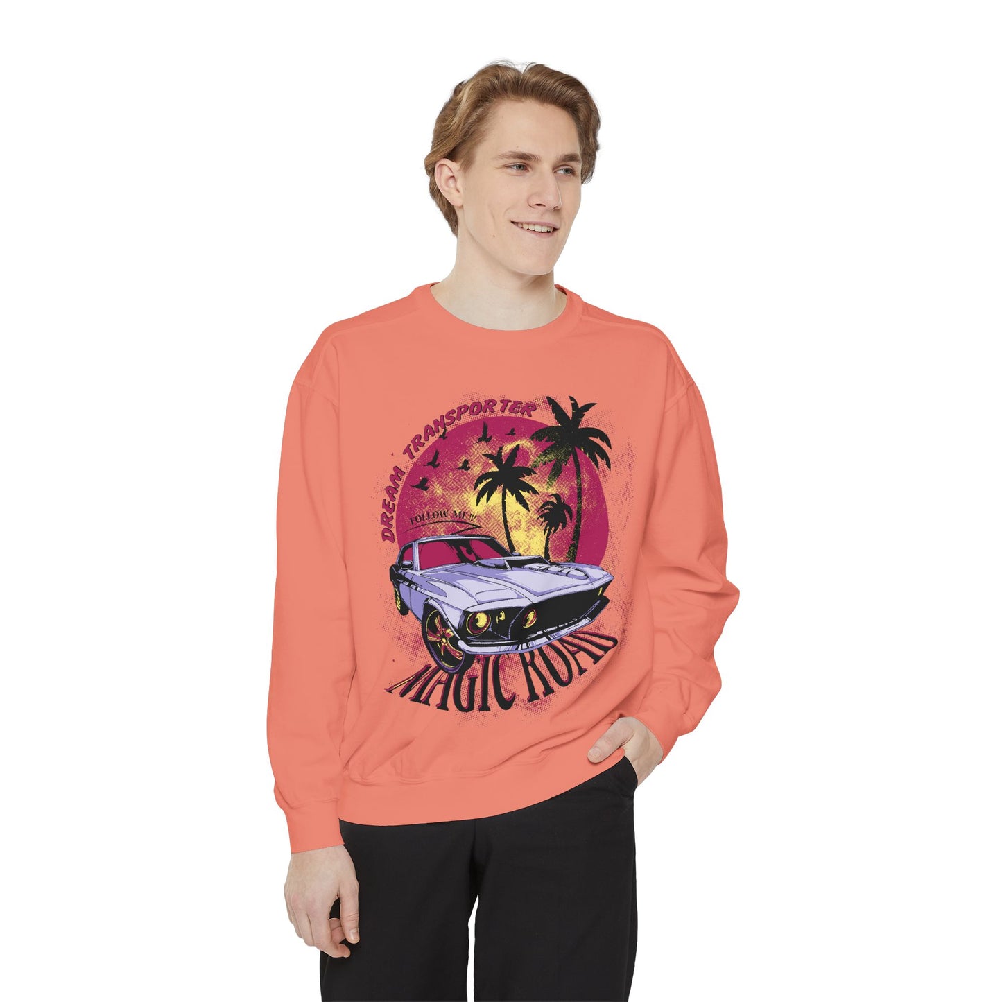 Retro Beach Car Sweatshirt — "Magic Tours" Sunset Palm Crewneck