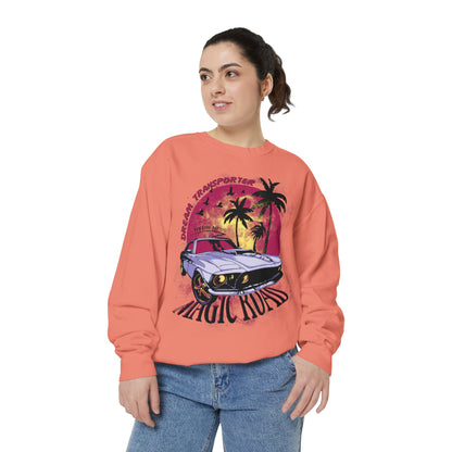Retro Beach Car Sweatshirt — "Magic Tours" Sunset Palm Crewneck