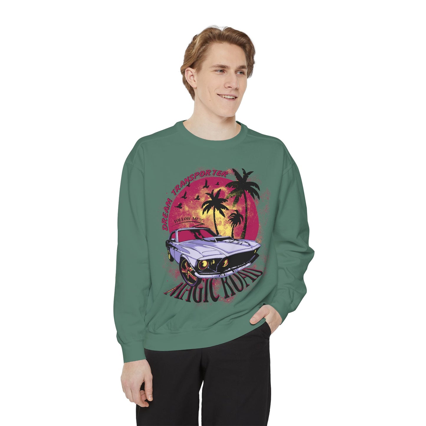 Retro Beach Car Sweatshirt — "Magic Tours" Sunset Palm Crewneck