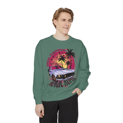 Retro Beach Car Sweatshirt — "Magic Tours" Sunset Palm Crewneck