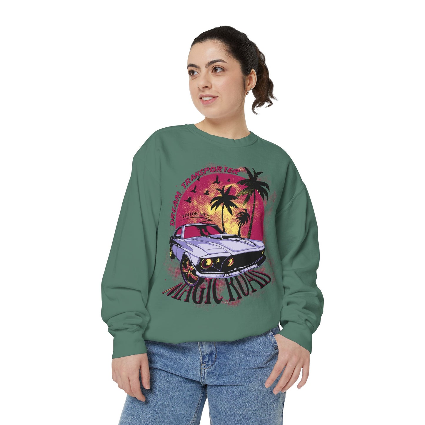Retro Beach Car Sweatshirt — "Magic Tours" Sunset Palm Crewneck