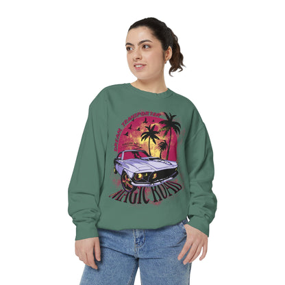 Retro Beach Car Sweatshirt — "Magic Tours" Sunset Palm Crewneck