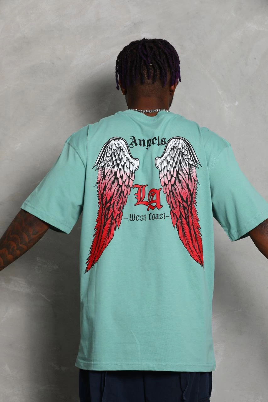 Erkek Kısa Kol Tişört Bisiklet Yaka KANAT Baskılı Oversize T-Shirt - Mint Yeşili