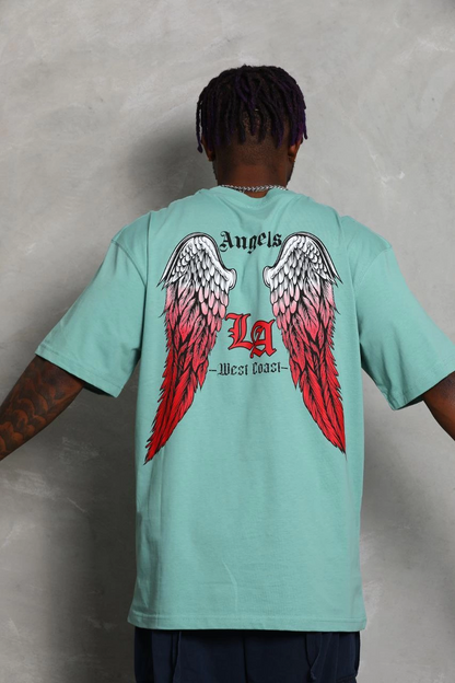 Erkek Kısa Kol Tişört Bisiklet Yaka KANAT Baskılı Oversize T-Shirt - Mint Yeşili