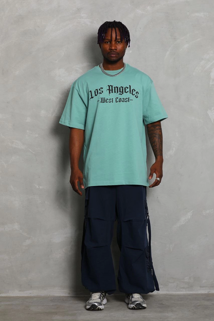 Erkek Kısa Kol Tişört Bisiklet Yaka KANAT Baskılı Oversize T-Shirt - Mint Yeşili