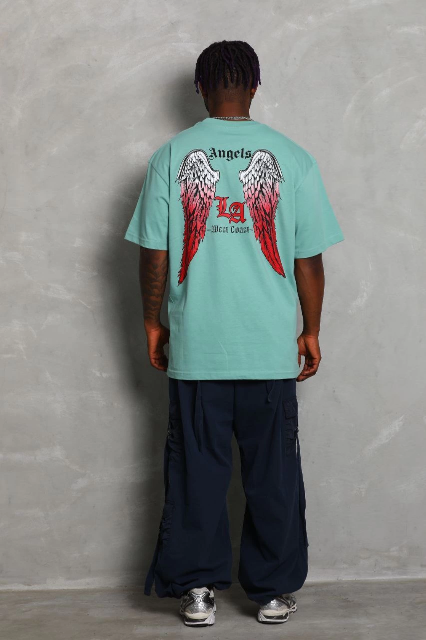 Erkek Kısa Kol Tişört Bisiklet Yaka KANAT Baskılı Oversize T-Shirt - Mint Yeşili