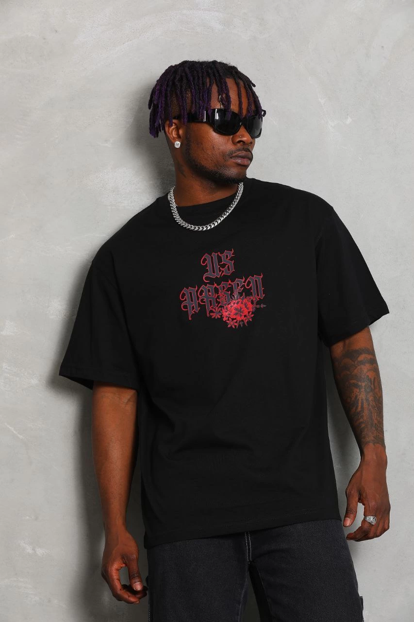 Erkek Baskılı Tişört Kısa Kol Bisiklet Yaka Oversize T-Shirt - Siyah