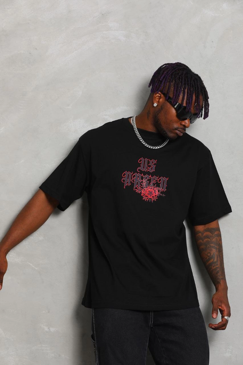 Erkek Baskılı Tişört Kısa Kol Bisiklet Yaka Oversize T-Shirt - Siyah