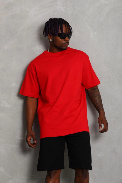 Erkek Düz Yazlık Kısa Kol Tişört Bisiklet Yaka Oversize T-Shirt - Kırmızı