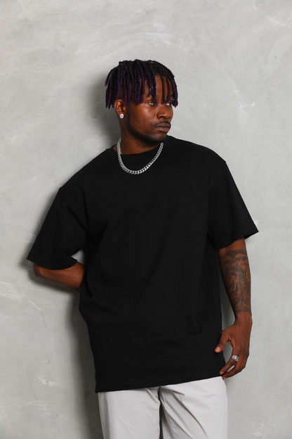 Erkek Düz Yazlık Kısa Kol Tişört Bisiklet Yaka Oversize T-Shirt - Siyah