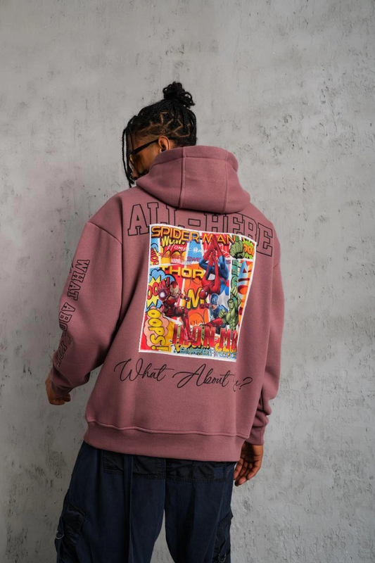 Erkek 3 İplik Pamuklu Kapüşonlu Baskılı Cepli Sweatshirt Hoodie - Gül Kurusu