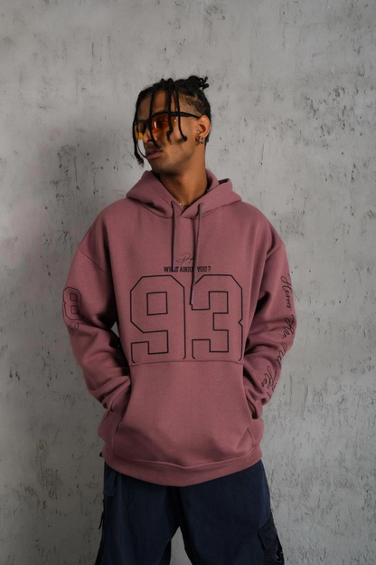 Erkek 3 İplik Pamuklu Kapüşonlu Baskılı Cepli Sweatshirt Hoodie - Gül Kurusu