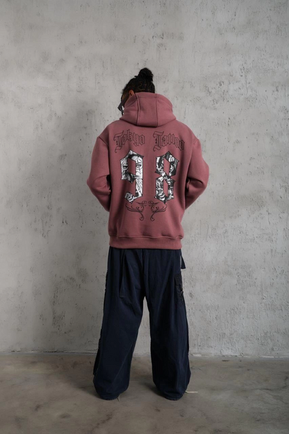 Erkek 3 İplik Pamuklu Kapüşonlu Baskılı Cepli Sweatshirt Hoodie - Gül Kurusu