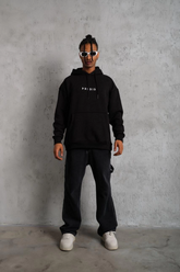 Erkek 3 İplik Pamuklu Kapüşonlu Baskılı Cepli Oversize Sweatshirt Hoodie - Siyah